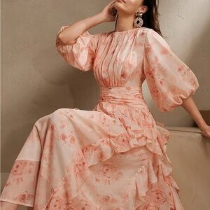 ANEWSTA Floral Long Puff Sleeve Round Neck Dress With Ruffles Size Small